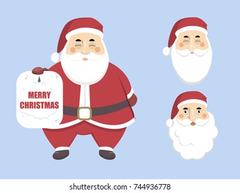 Isolated funny cartoon Santa Claus with greeting board.