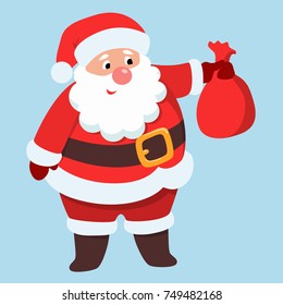 Isolated funny cartoon Santa Claus with toy bag.