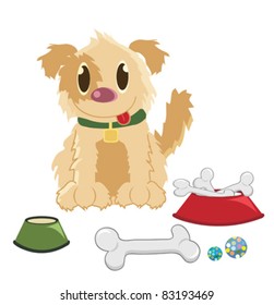 Isolated funny doq with bone and food bowl