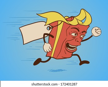 Isolated funny gift box cartoon character running fast