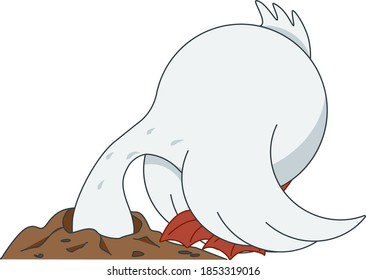 Isolated funny goose in cartoon style. Vector illustration without background. Stickers of a goose that is hiding from a problem or in search of a worm