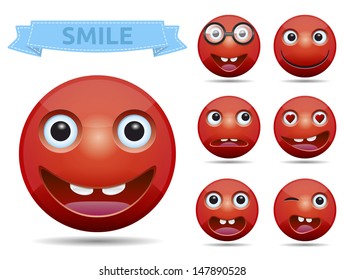 Isolated, Funny Red circle glossy emoticon smiley - vector.