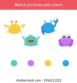 Isolated funny sea crabs. Set of freshwater aquarium cartoon crabs for print, kids development, find the right color. Varieties of decorative colored animals