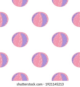 Isolated funny seamless kids style pattern with pink and purple colored ball shapes. White background. Flat vector print for textile, fabric, giftwrap, wallpapers. Endless illustration.
