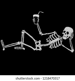 
isolated funny skeleton human who lies with a glass in his hand vector illustrarion 
