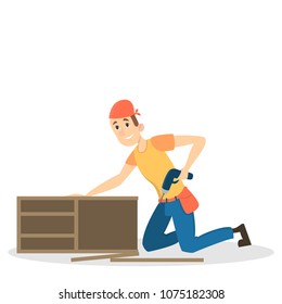 Isolated furniture assembly. Man in unifrom with equipment.