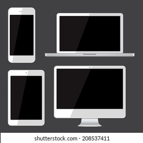Isolated gadgets cell phone, tablet, laptop and pc.  Vector illustration. 