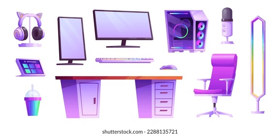 Isolated game computer in streamer room interior vector set. Cartoon neon computer, chair and keyboard futuristic equipment for geek workstation. Headphones with gamepad and monitor for gamer office