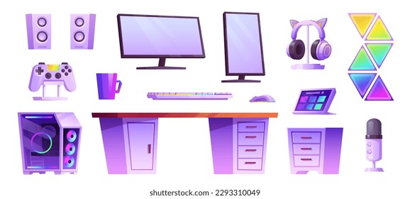 Isolated game computer in streamer room interior vector set. Cartoon neon computer, desk and keyboard futuristic equipment for geek workstation. Headphones with gamepad and monitor for gamer office