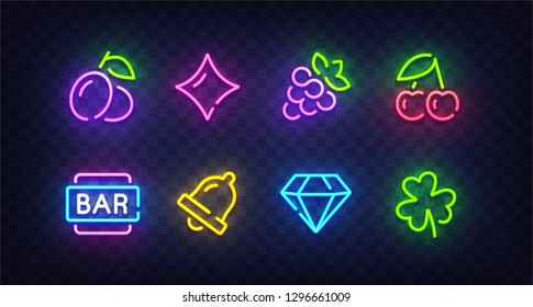 Isolated game icons for casino. Icon from slot machine. Slot neon sign. Casino, Slot machine, Gambling. Bright signboard, light banner. Neon isolated icon, emblem. Vector illustration
