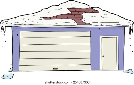 Isolated garage and doorway with melting snow on roof