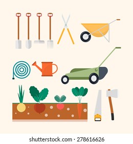 Isolated garden and farm set: Plant, Wheelbarrow, Lawn mower, garden and farm equipment. Vector flat illustrations icons