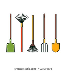  Isolated garden tools on white background. Vector spade, broom, prong, shovel. Farm equipment. 