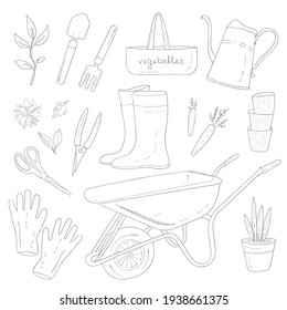 Isolated garden tools and plants monochrome outline set. Hand draw vector of rubber boots, seedling, glove, wheelbarrow, watering can, basket. Vintage ink elements for farm, banners, design