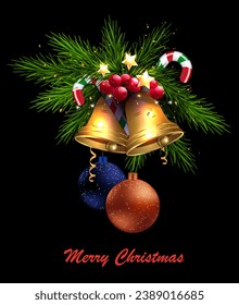 Isolated garland with golden Christmas bells with balls and staff.