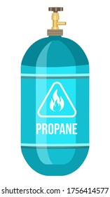 Isolated gas cylinder with propane. Compressed gas in tank with regulator under high pressure. Balloon filling gas liquid, fuel. Cartoon illustration. Warning sign, flammable, explosion, dangerous