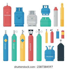 Isolated gas cylinder set. Industrial cylinders, metal tanks and canisters. Propane, oxygen and petroleum storage, decent bottles vector icons