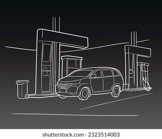 isolated gas station. heavy equipmet rough drawing with editable copy space vector illustration. Gas station sketch engraving vector illustration. T-shirt apparel print design.