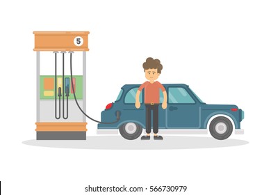 Isolated gas station o white background. Man refilling car with petrol. Funny smiling cartoon character.