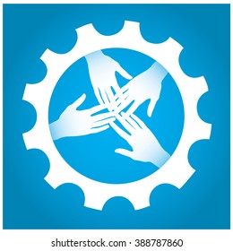 Isolated gear with a group of hands on a blue background