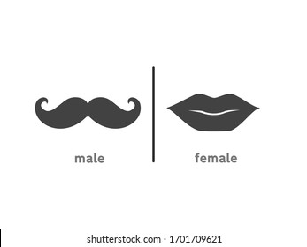 Siluetas aisladas de género masculino y femenino o negro y hombre, boca, bigote, símbolos labios, iconos, logotipo, infografía, diseño de vectores planos