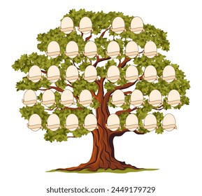 Árbol genealógico familiar aislado, marcos de rama de la historia de la ascendencia. Plantilla de Vector, marcos de fotos vacíos y rollos de papel. Árbol genealógico de las generaciones familiares, linaje, línea de sangre