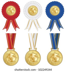 isolated generic football rosettes and medals, red white and blue