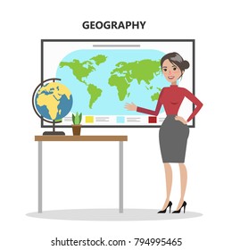 Isolated geography teacher with world map and globe.