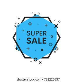 Isolated geometric hexagon shape element with title. Trendy promo sale discount banner flat design.