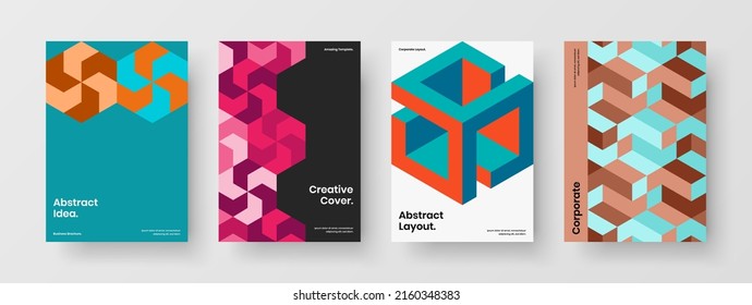 Isolated geometric hexagons leaflet illustration collection. Minimalistic book cover A4 design vector concept set.