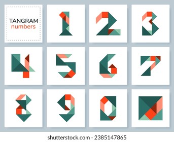 isolated geometric Numbers. Colorful tangram puzzle game for children. Set of colorful and playful numbers zero to ten numeric on white backdrop. Vector illustration