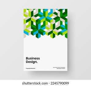 Isolated geometric pattern postcard layout. Bright company cover A4 design vector template.