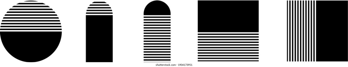 Isolated geometric shapes: square, circle, rectangle. The color is black and white with small stripes. Striped geometric shapes in half. Vector graphics.