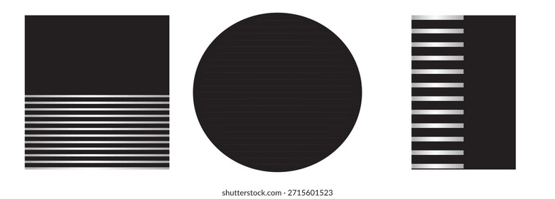 Isolated geometric shapes: square, circle, rectangle. The color is black and white with small stripes. Striped geometric shapes in half. Vector graphics.
