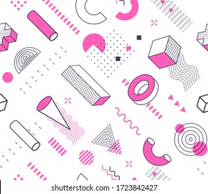 Isolated geometry hand drawn elements seamless pattern. Memphis style geometric shapes drawing background. Pink, white and black geometry icons outline vector illustration. 