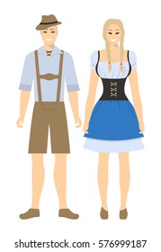 Isolated german couple on white background. Man and woman in traditional costumes.