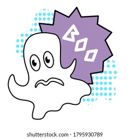 Isolated ghost boo for happy Halloween. Scary white ghosts. Cute cartoon spooky character. Vector illustration for posters, decoration and print.