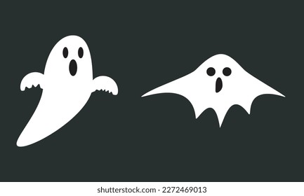 Isolierte Geistessymbol auf schwarzem Hintergrund. Ghost-Ikone mit süßen Cartoon-Spooky, erschreckend, glücklich und lustig Gesichter. Halloween-Symbol. Vektordesign