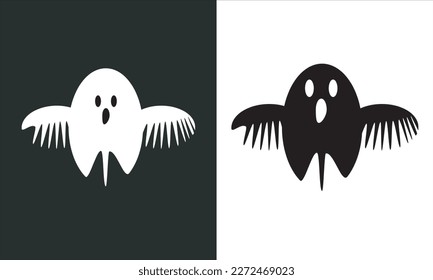Icono de fantasma aislado sobre fondo negro y blanco. Icono fantasma con caras lindas de dibujos animados espeluznantes, aterradoras, felices y divertidas. Símbolo de Halloween. Diseño de vectores