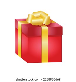 
Caja de regalo aislada en rojo brillante con un arco dorado sobre un fondo blanco