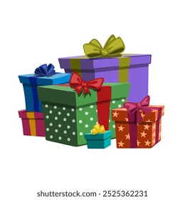 Cajas de regalo aisladas con lazos. Imagen de color de los regalos de Navidad. Sorpresa de dibujos animados para el cumpleaños. Tarjeta de felicitación art. Ilustración vectorial