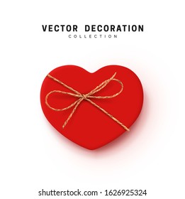 Isolated Gift Boxes Vector. Festive Realistic Objects. Red Gift Box tied ribbon bow from string Twine Rope, Twisted Thread Cord. Romantic Holiday Presents Heart shape