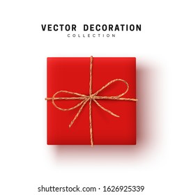 Isolated Gift Boxes Vector. Festive Realistic Objects. Red Gift Box tied ribbon bow from string Twine Rope, Twisted Thread Cord. Holiday Presents square shape. flat top view. Flatly design