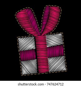 Isolated gift patch embroidery stitches imitation on the black background. Holiday embroidery.