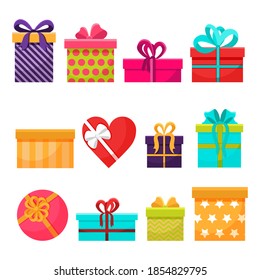 Isolated gifts item set, vector. Bright and colorful boxes of different sizes. Various colors and prints