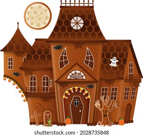 isolated gingerbread halloween house with cookies and candies