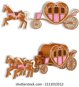 isolated gingerbread heart-shaped carriages with horses. valentine's day or wedding gingerbread carriage