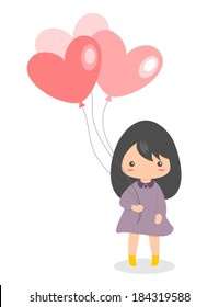 Isolated Girl Holding Heart Balloons