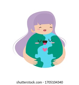 Isolated girl hugging planet earth - Vector illustration