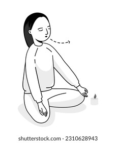 Isolated of a girl meditating and breathing exercise, outline vector illustration.